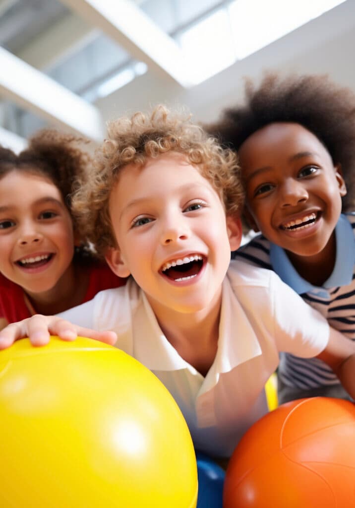 Three smiling children leaning toward the camera while playing with bright yellow and orange balls